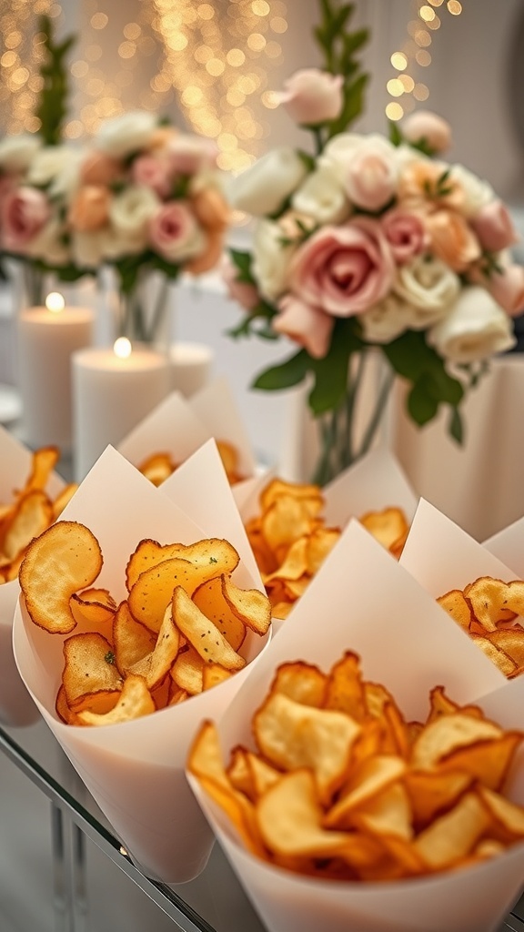 Elegant serving of crispy potato chips in white cones at a wedding reception, surrounded by flowers and lights.